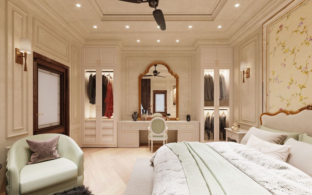 Dressing ouvert avec étagères et tringles dans une chambre