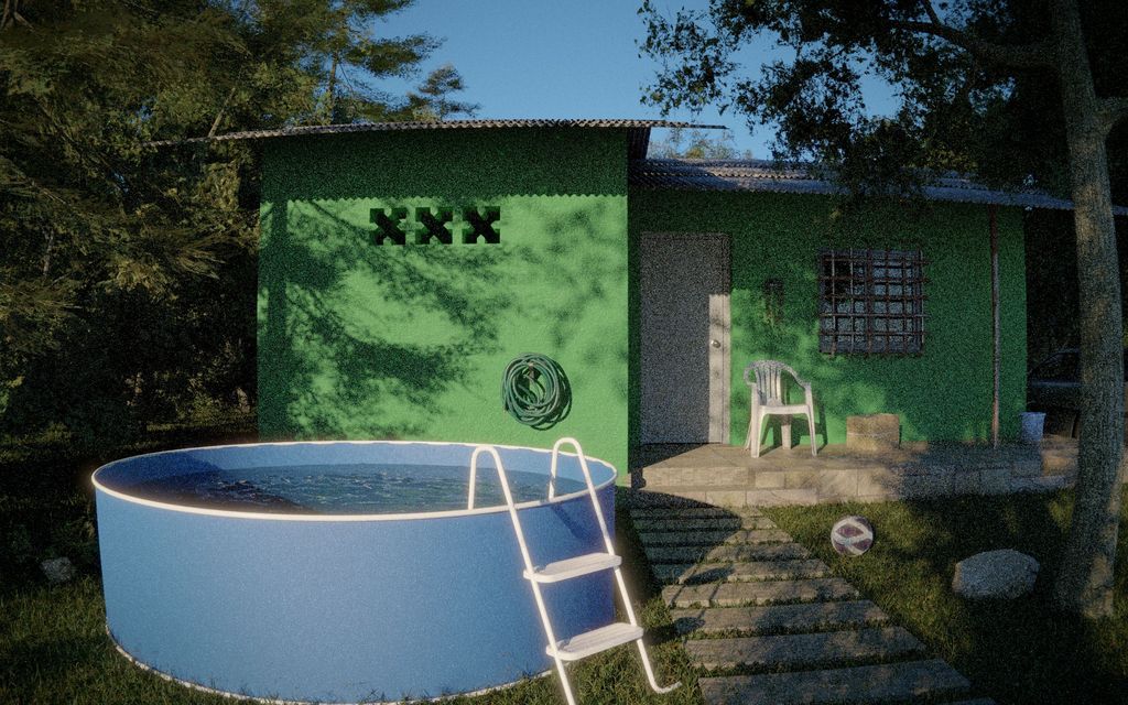 Piscine hors-sol ronde dans un jardin aménagé