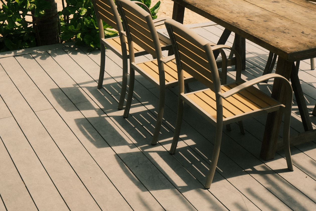Terrasse en bois composite gris avec mobilier de jardin moderne
